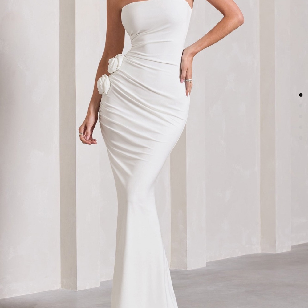 Club L London my muse ruched bandeau split maxi dress with flowers